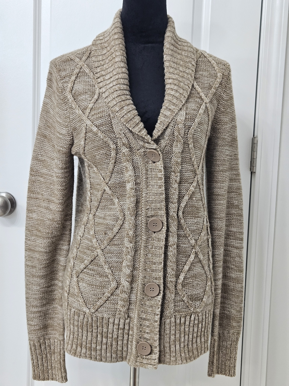 Faded Glory Beige Cable-Knit Shawl Collar Cardigan